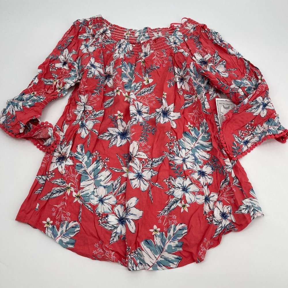 Westport Top XL Womens Red Floral Nautical Smocked Bell Sleeve Casual Preppy New